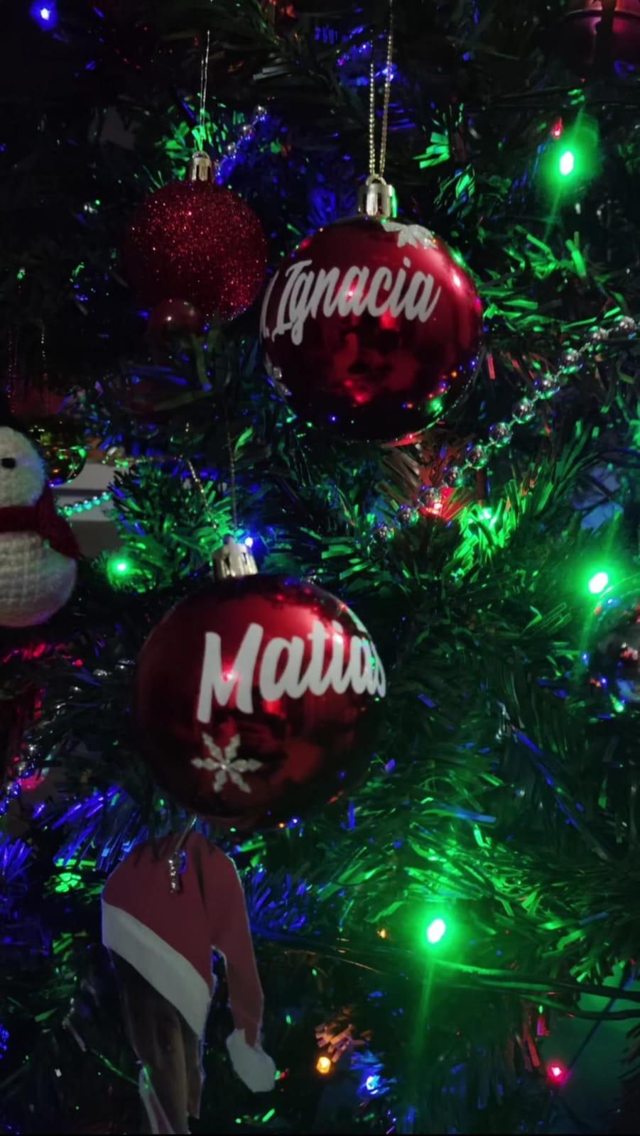 Nuestros nombres juntos en el árbol de Navidad